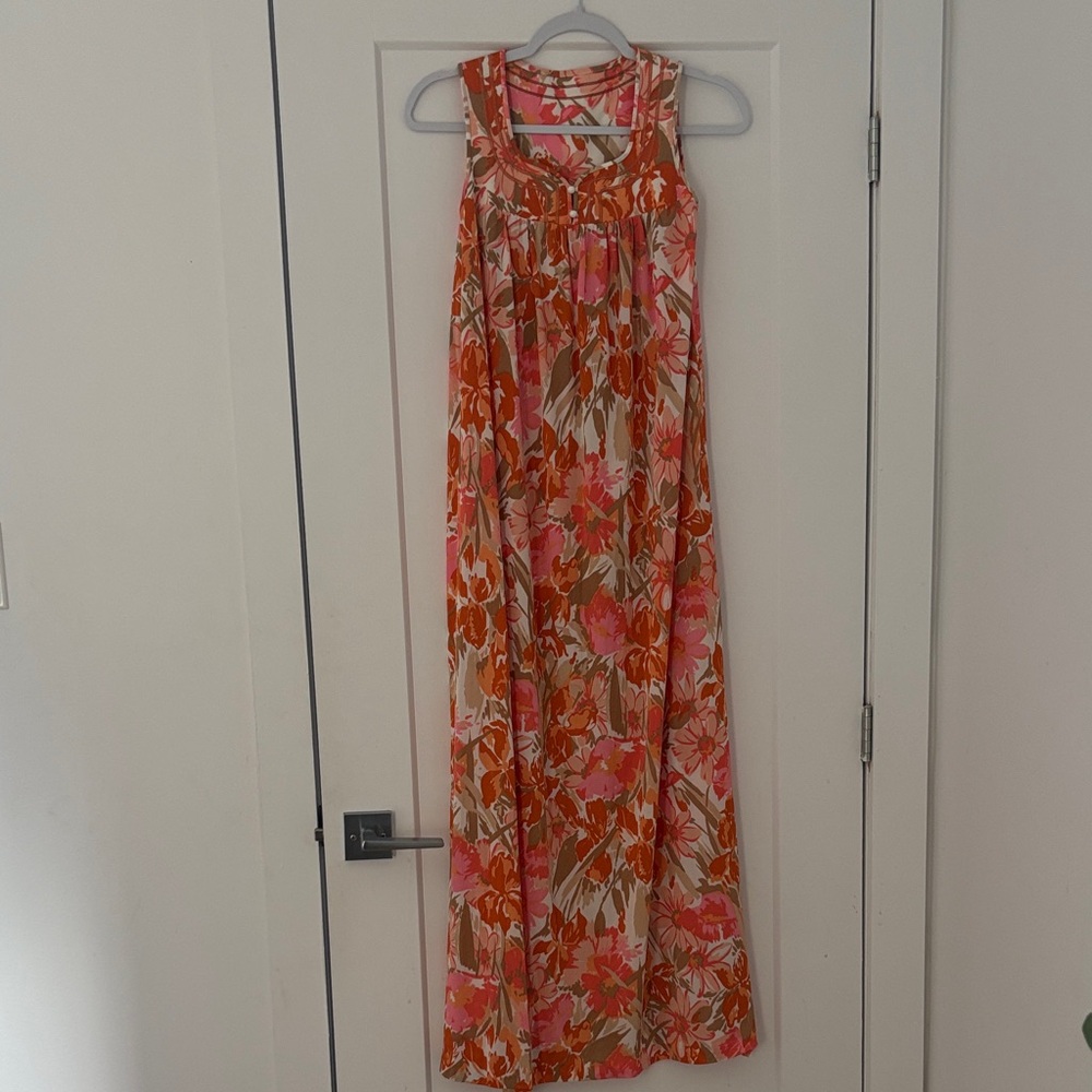 🎀Vintage🎀 1970s Maxi Sleeveless Floral Dress in Orange and Pink Size Small